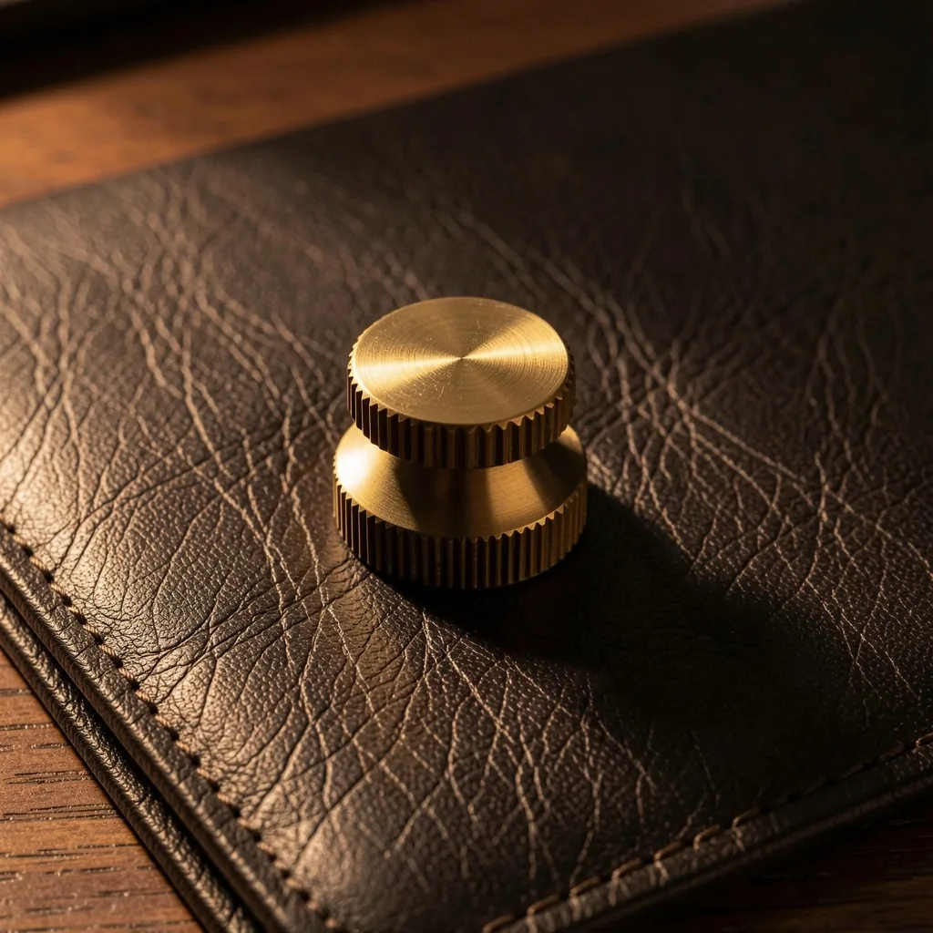 brass dial on leather desk panel